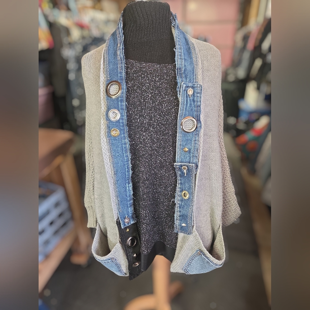Upcycled  Women's Sweater with Denim Accents